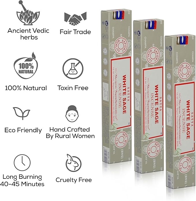 Satya Nagchampa White Sage Incense Sticks, Satya Bng (Bangalore) Insenses 15gmx3 Pack (45 GMS) with Raajsee Incense Holder Bundle, Satya Nagchampa Natural Incense - Bloomnest