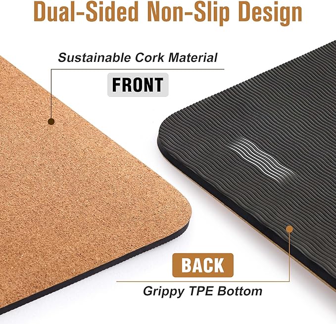 Premium Cork Yoga Mat 1/4 & 2/5 Inch Thick 72 x 26 in, Thick Cork and TPE Non Slip Yoga Mats for Women Men, Sweat Proof Eco-friendly, Great for Hot Yoga & Workouts - Bloomnest