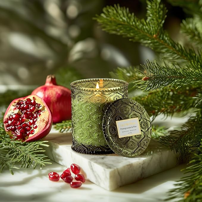 LA JOLIE MUSE Christmas Candles, Pine & Pomegranate Candle -Lemon, Pomegranate & Pine | 6 oz Natural Soy Wax | 40 Hours Clean Burn | Gift-Ready for Hosts, Gatherings | Elegant Home Décor - Bloomnest