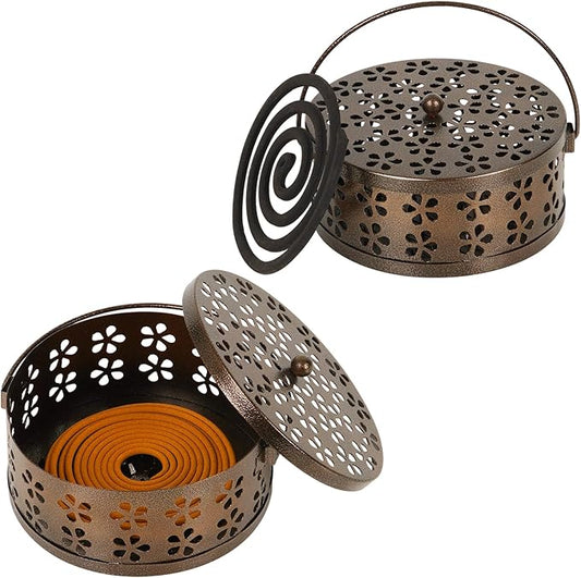Portable Iron Mosquito Coil Holder with Handle Round Heat-Resistant Incense Holder (2 Pack Bronze) - Bloomnest