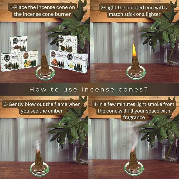 TRUMIRI Gourmet Incense Cones - Variety Pack - Total 60 Cone Incense (6 Scents x 10 Conos) - Vanilla, Cinnamon, Coffee, Chocolate, Clove, Ginger - Cone Incense Scents - Insense Cones - Incent Cone TRUMIRI