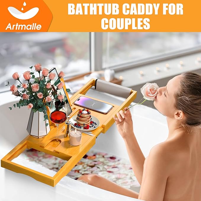 Artmalle Bathtub Caddy Tray for Tub, Expandable Bamboo Bath Table Tray with Book Stand for Home Spa Relaxing, Foldable Minimalist Bathroom Accessories for Women Men (Simple, Natural) (Natural) - Bloomnest