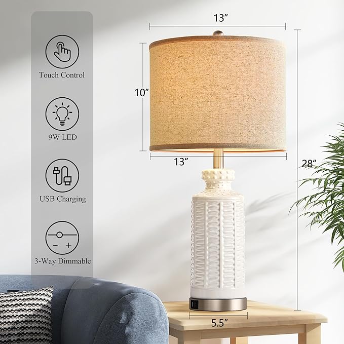 28" White Table Lamps Set of 2, Ceramic Lamps for Living Room with 2 USB Charding Ports, Modern Bedroom Lamps for Nightstand, 2 LED Bulbs Included - Bloomnest
