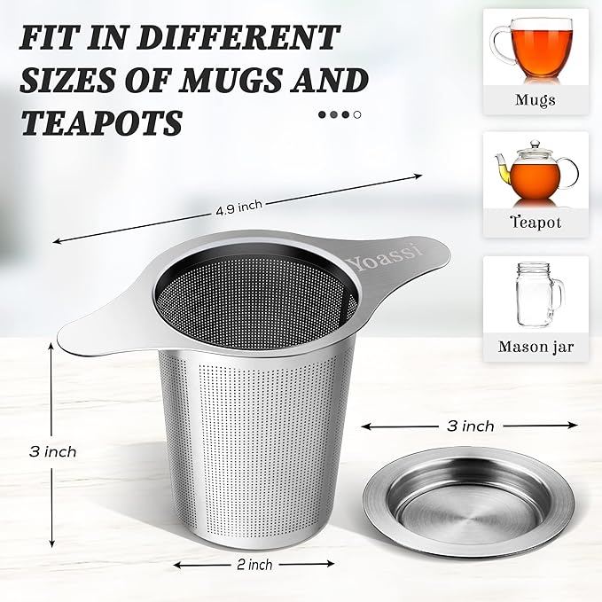 Extra Fine 18/8 Stainless Steel Tea Infuser Mesh Strainer with Large Capacity & Perfect Size Double Handles for Hanging on Teapots, Mugs, Cups to Steep Loose Leaf Tea and Coffee
