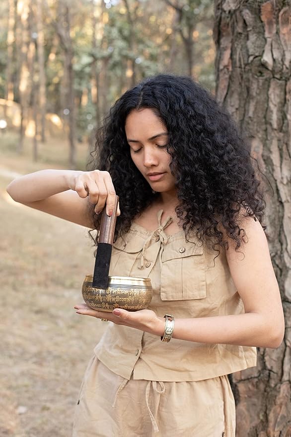 Large Tibetan Singing bowl Set - Bronze Style - Easy To Play - 5" Sound Yoga Bowl Mantra Design Mindfulness Meditation Healing Sound Gift By Himalayan Bazaar - Bloomnest