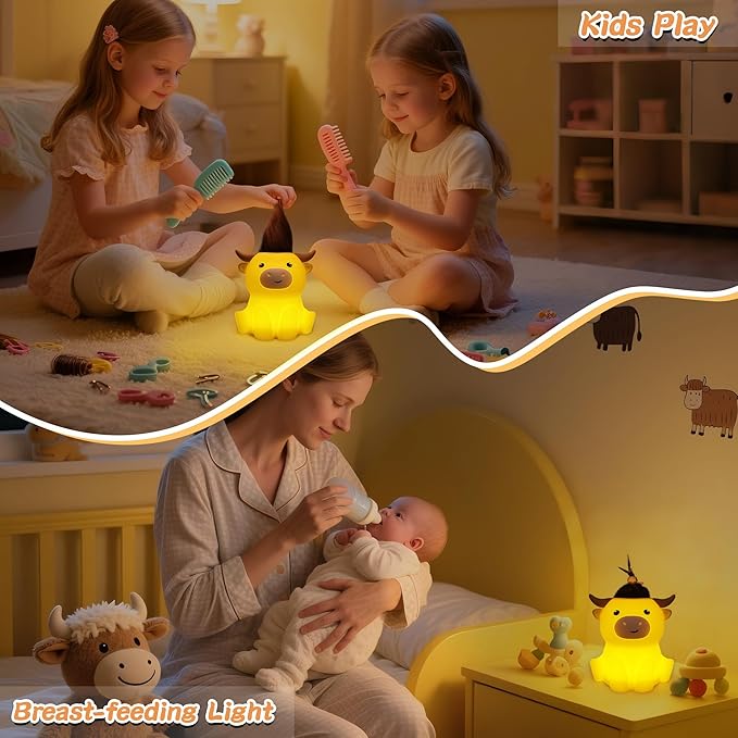 Highland Cow Night Light, Fluffy Cow Squisy Lamp for Kids, Soft Silicone Animal Nightlamp with 2 Levels Dimmable & 20 Mins Timer, Rechargeable LED Light Gifts for Baby Boys Girls - Bloomnest