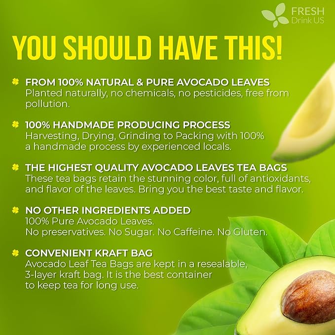 FreshDrinkUS, Avocado Leaf Tea Bags | 40 Count | Premium Dried Avocado Leaves Herbal Tea – Caffeine Free Botanical Tea – Fresh, Smooth & Earthy Flavor. Sugar Free. Vegan - Bloomnest