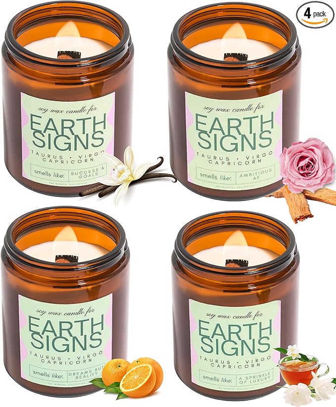 Taurus, Virgo, Capricorn Gifts for Women - Wood Wick Candles, 4 Pack Small Scented Candles Set for Women. 6oz Natural Soy Wax, Aromatherapy Set for Home. Zodiac Astrology Birthday Spiritual Gifts - Bloomnest