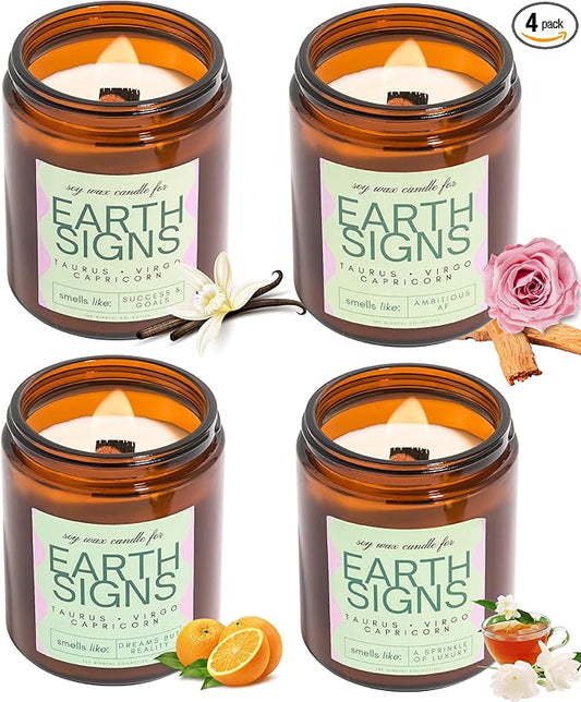 Taurus, Virgo, Capricorn Gifts for Women - Wood Wick Candles, 4 Pack Small Scented Candles Set for Women. 6oz Natural Soy Wax, Aromatherapy Set for Home. Zodiac Astrology Birthday Spiritual Gifts - Bloomnest