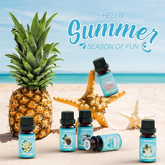 Summer Essential Oils Set, ARVIDSSON Tropical Fragrance Oil for Candle Making, Diffuser Scented Oil - Ocean Breeze, Pina Colada, Fresh Cotton, Pink Island, Plumeria, Coconut - Bloomnest