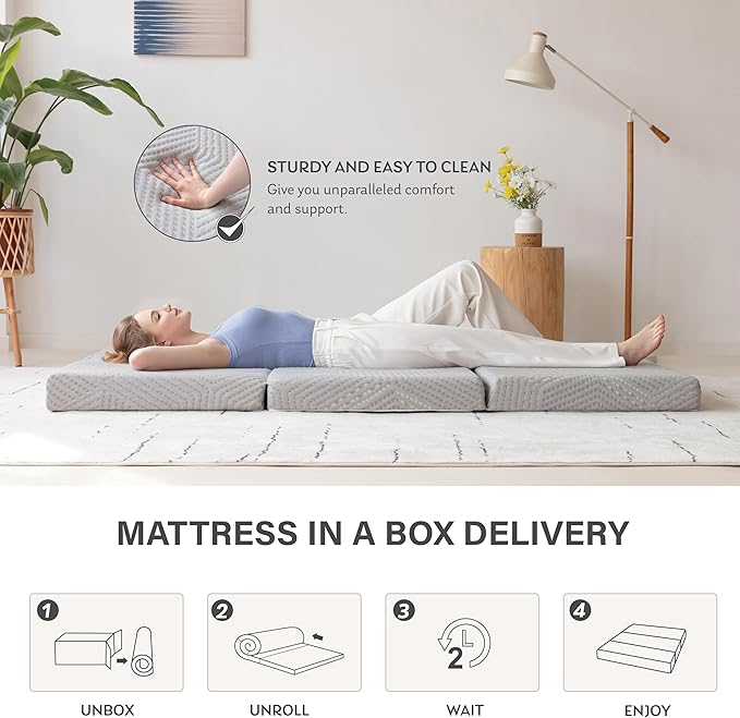 MLILY Tri-Fold Memory Foam Mattress, 4 inch Queen Folding Mattress with Collapsible and Washable Cover, Travel and Guest Mat, 80"×60"×4", Grey - Bloomnest