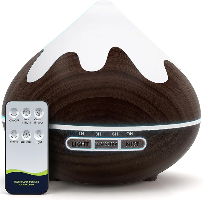 500ML Essential Oil Diffuser, Aromatherapy Diffuser with Remote Control, Multifunctional Air Diffusers for Home Office Room, Fragrance Aroma Diffuser with 7 Color LED & 2 Mist Mode, Dark Brown - Bloomnest