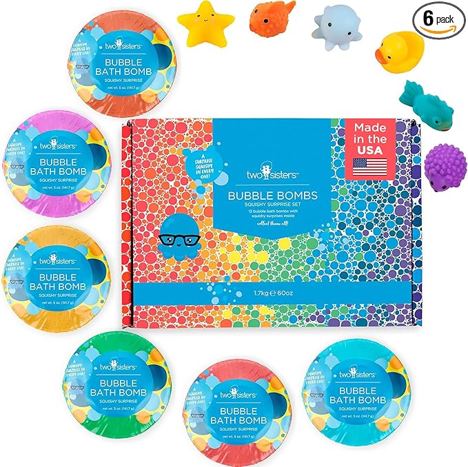 Squishy Bath Bombs for Girls & Boys with Surprise Toys Inside (6 Pack) - Large Bubble Bath Bombs & Hidden Figures, Gentle and Safe Fizzies, Made in USA, Gifts for Kids by Two Sisters - Bloomnest
