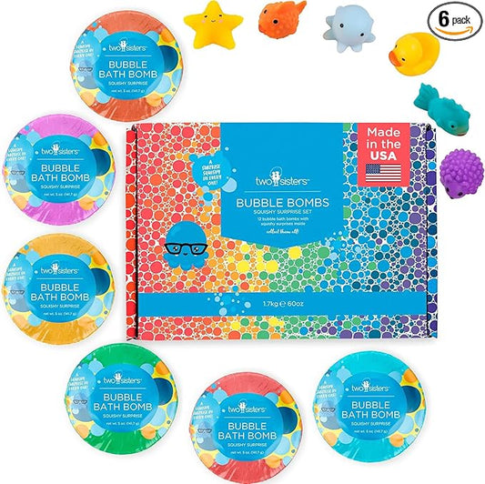 Squishy Bath Bombs for Girls & Boys with Surprise Toys Inside (6 Pack) - Large Bubble Bath Bombs & Hidden Figures, Gentle and Safe Fizzies, Made in USA, Gifts for Kids by Two Sisters - Bloomnest