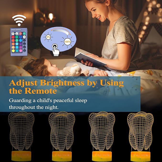 Dental Gifts, 3D Tooth Night Light, 3D Illusion Lamp, 16 Colors Changing, Remote Control, Dimmable, Living Room Decoration, Xmas Tooth Model Gifts - Bloomnest
