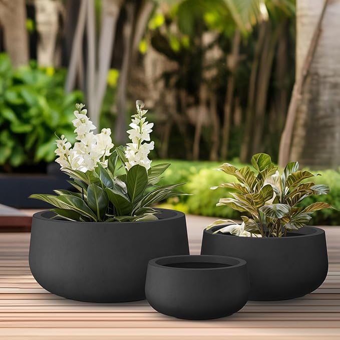 Kante 19.6",15.7",11.8" Dia Round Concrete Planters Set of 3, Outdoor Indoor Garden Plant Pots with Drainage Hole and Rubber Plug, Modern Curvaceous Design, Black - Bloomnest
