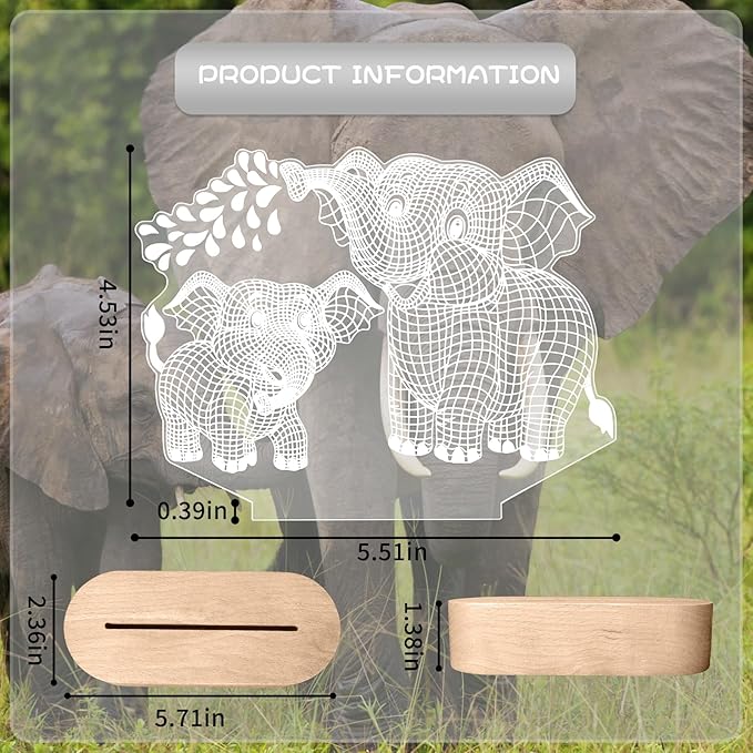 Elephant Shape 3D Crystal Acrylic Light Base with Wood Stand, LED Light for Kids Room Decor, Gift for Mom on Birthday or Holiday, Home Décor Art Display - Bloomnest