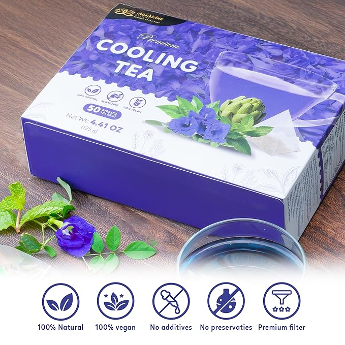 Indochine Blends Cooling Tea | Oolong, Artichoke, Butterfly Pea & Peppermint | Sugar-Free, Caffeine-Free Herbal Tea | Vibrant Blue | Herbal Tea for Relaxation | 4.4 oz | 50 Corn-Fiber Pyramid Bags - Bloomnest