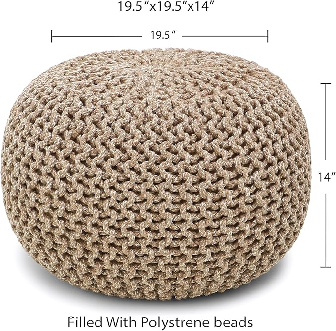 REDEARTH Round Pouf Ottoman - Hand Knitted Cable Boho Poof Home Décor Pouffe Circular Footrest for Living Room - Nursery - Bedroom - Lounge 100% Cotton (19.5"x19.5"x14") - Beige Ivory - Bloomnest