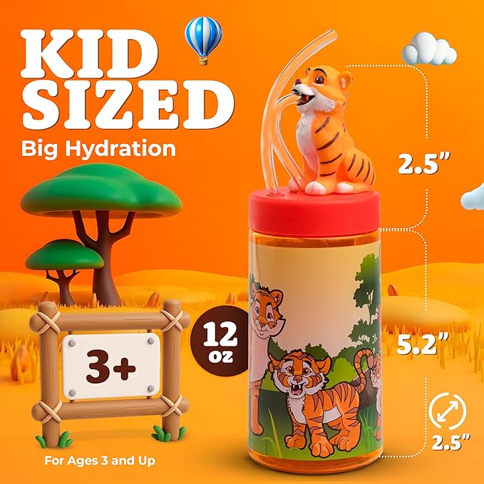 Kids Water Bottle, Toddler Cups, Tumbler with Lid and Straw, Travel Sippy Cup for Water or Milk, Kids Cups with Lids for Toddlers 3 and Up, BPA Free Plastic, 12 oz (Zoo Bengal Tiger) - Bloomnest