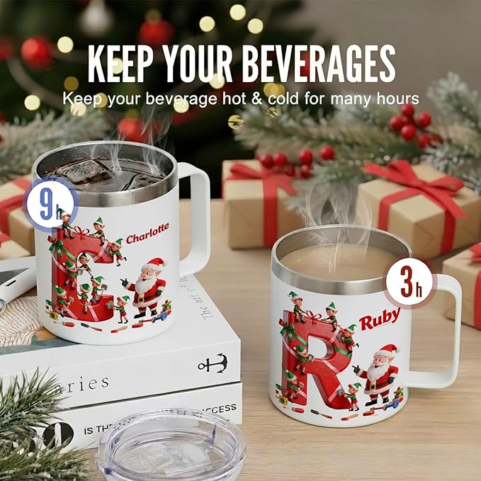 Personalized Christmas Mug | Custom Santa's Workshop Initial Insulated Coffee Cup with Handle & Lid | 12oz Holiday Tumbler, Cute Elf Gift for Kids, Boys & Girls (B16) - Bloomnest