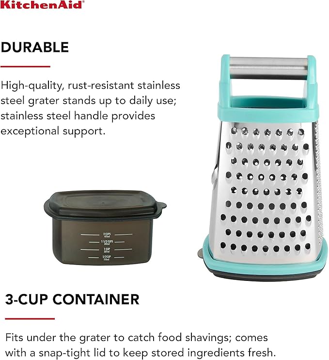 KitchenAid Gourmet 4-Sided Stainless Steel Box Grater for Fine, Medium and Coarse Grate, and Slicing, Detachable 3 Cup Storage Container and Measurment Markings, Dishwasher Safe, 10 inches tall, Aqua - Bloomnest