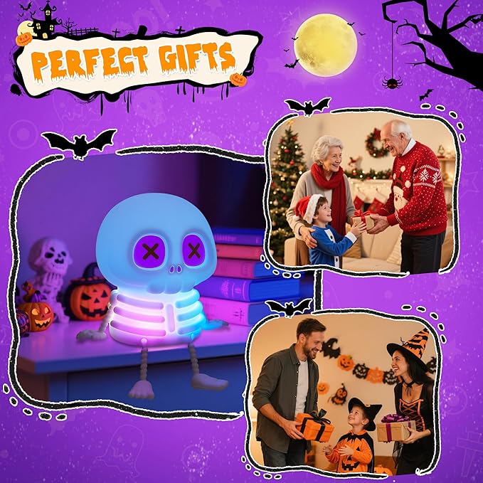 Skull Night Light, Cute LED Silicone Lamp, Color Changing & Dimmable Helloween Room Decor, 20 Mins Timer Squishy Cordless Rechargeable Nightlight, Bedside Light for Christmas Halloween Gifts - Bloomnest