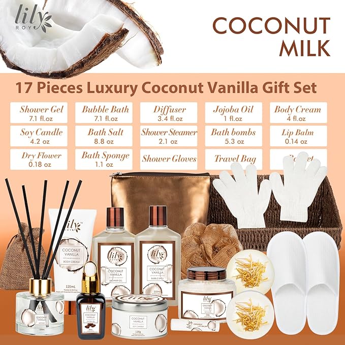 Valentines Day Gifts Bath and Body Gift Basket Set for Women - Coconut Vanilla Gift, Spa Gift Basket 17-Piece Bath Gift Set Self Care Gift for Mothers Day, Fathers Day, Birthday, Christmas Gifts