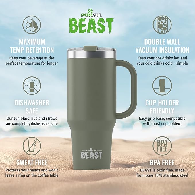 Beast 50 oz Tumbler Stainless Steel Vacuum Insulated Coffee Ice Cup Double Wall Travel Flask (Army Green) - Bloomnest
