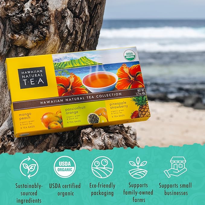 Hawaiian Natural Organic Tropical Fruit Tea Sampler - Green, Black, White Tropical Fruit Tea Blends, Gift Box Set For Special Occasions - 24 Bags - Bloomnest