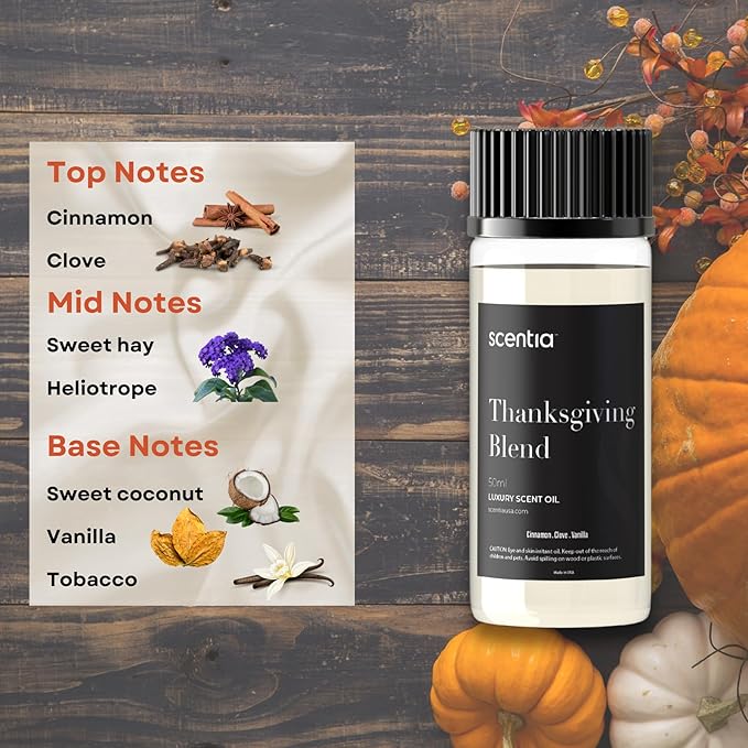 Scentia Thanksgiving Blend Essential Oil – 50ml Holiday Aromatherapy with Cinnamon, Clove, Vanilla & Coconut | Fall Diffuser Oil for Home, Gifting, Candles & DIY Soaps Scentia