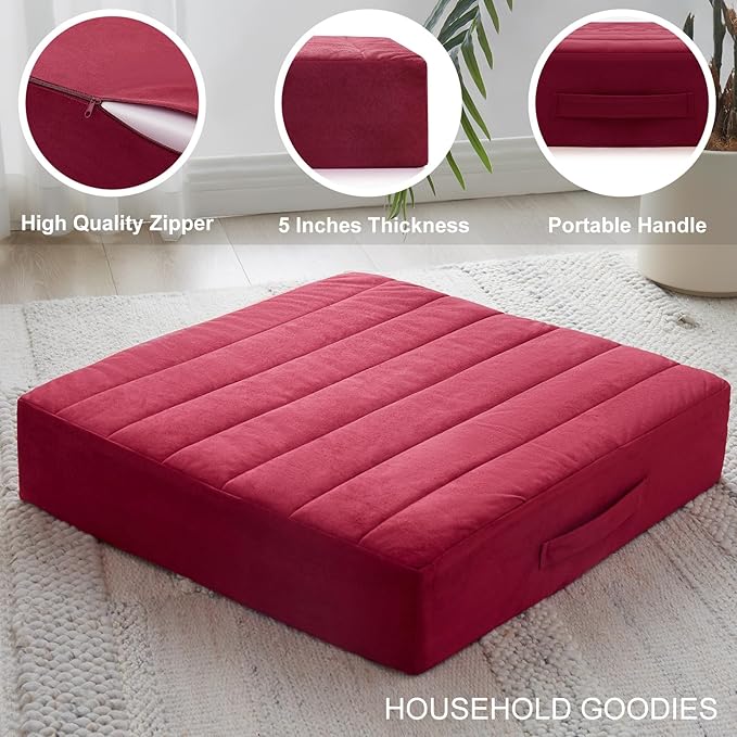 2 Pcs High Density Foam Floor Pillow - Upgraded Large Pillows Seating for Adults - Outdoor Floor Cushion with Soft Tufted Cover - Yoga Pillows for Sitting On Floor - 22 Inch Burgundy - Bloomnest