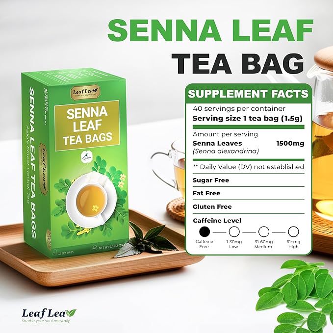 LeafLea 120 Senna Tea Bags – Pure Senna Herbal Laxative Tea, Naturally Supports Constipation Relief & Digestive Cleanse, Caffeine-Free, No Sugar, No Gluten, Non-GMO, Vegan, Individually Wrapped - Bloomnest