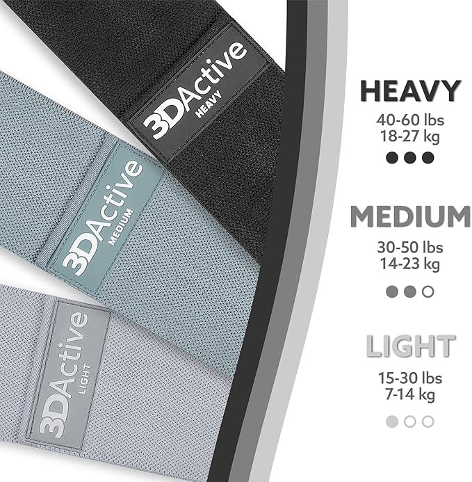 3DActive Fabric Resistance Bands for Legs & Butt. Wide Non-Slip Hip Band Set for Home & Gym Workouts. Exercise Guide & Carry Bag Included. - Bloomnest
