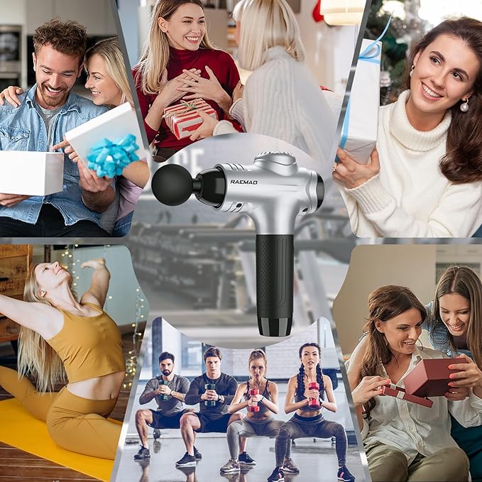 RAEMAO Massage Gun, Handheld Electric Deep Tissue Muscle Massager for Athletes for Pain Relief Attaching 8 Replacement Heads, Percussion Massager with 10 Speeds, Father's Day Gifts, Silver - Bloomnest