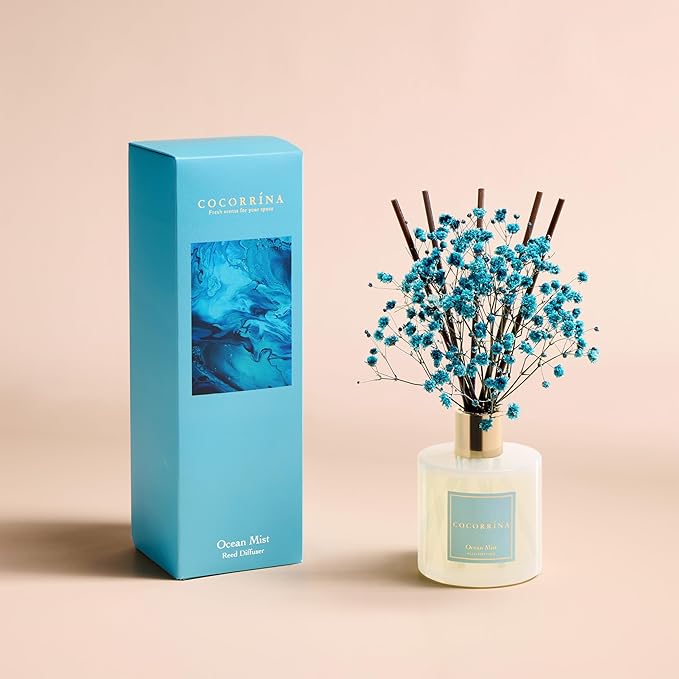 COCORRÍNA Reed Diffuser - Ocean Mist 6.7 Fl.oz Reed Diffuser Set with Sticks & Preserved Baby's Breath, Reed Diffuser for Home Bathroom Shelf Decor - Bloomnest