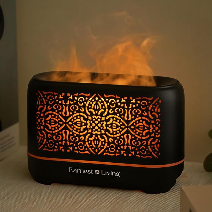 Earnest Living Essential Oil Diffuser Classic Flame Diffuser 200ml Timers Night Lights and Auto Off Function Home Office Humidifier Aromatherapy Diffusers for Essential Oils Black