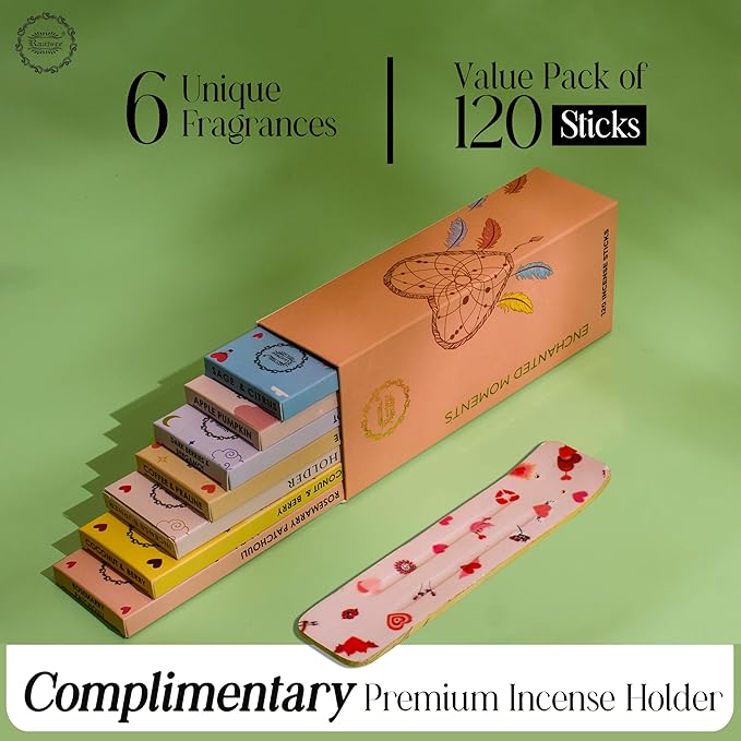 Raajsee Natural Incense Sticks with Insence Holder- Pack of 6 Organic Inscent -120 Insense Sticks, Non Toxic Clean Burning, Boho Gift Set, Sage,Apple Pumpkin,Coconut, Coffee,Rosemary Patchouli RAAJSEE