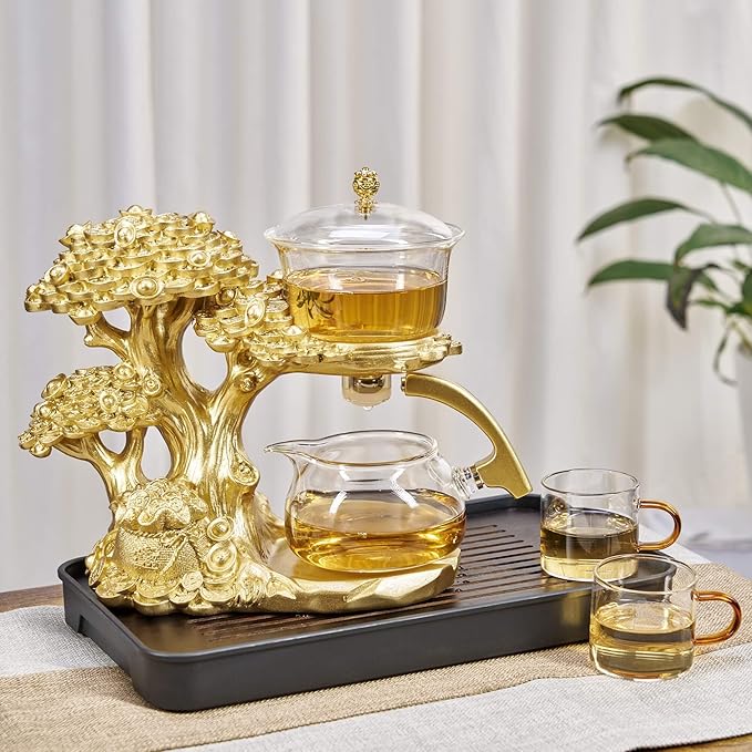 Glass Teapot Set with Infuser Semi Automatic Tea Set Magic Teapot (Tree - golden) - Bloomnest