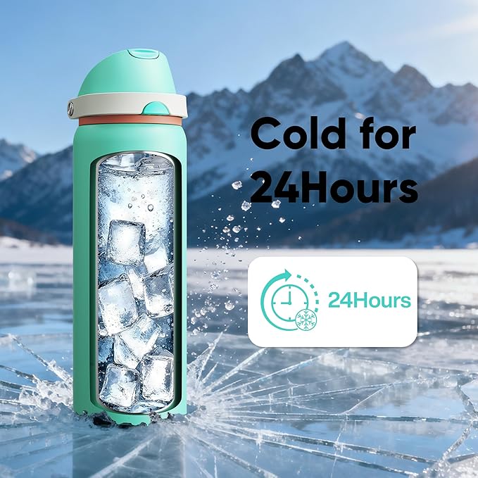 Insulated Water Bottle with Straw - Encool Stainless Steel Water Bottle with Push Button Lid, Leak-Proof & BPA-Free, Keeps Cold for 24 Hours for Sports, Travel, Gym (32 oz, Turquoise) ENCOOL