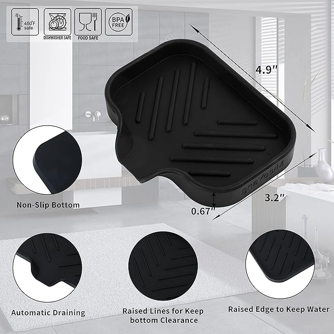 Silicone Bathroom Soap Dishes with Drain Spout-Bathroom and Kitchen Sink Organizer,Sponge Holder,Dish Soap Tray,Perfect for Dispenser,Scrubber,Bottle,Cup on Sink or Counter-Black 4.9"×3.2" - Bloomnest