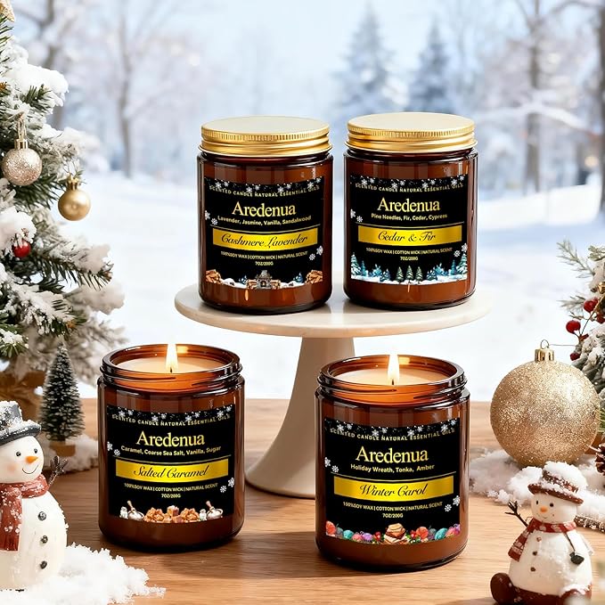 Winter Candles - Salted Caramel Candle | Cozy Holiday Scented Candles - 7oz Jar Soy Candle for Winter Home, Holiday & Christmas Gifts for Women Men - Bloomnest