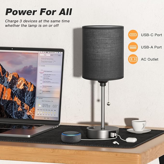 Black Table Lamp for Bedroom Nightstand - 3 Color Temperature Bedside Lamp with USB C and A Ports, Pull Chain Lamp for Bedroom with AC Outlet, Small Lamps Silver Metal Base for Kids Boys/Dorm Room - Bloomnest