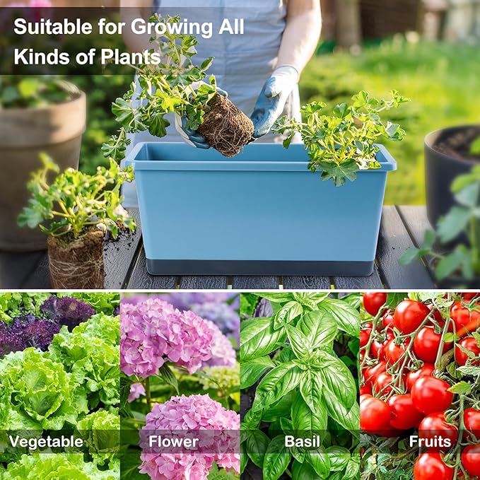 Window Box Planter 6 Pcs, 17 Inches Rectangle Flower Pots with Drainage Holes and Trays, Vegetable Planters for Windowsill Patio Garden Balcony Indoor Outdoor (Blue, 17 * 7.4 * 7.8 inch) - Bloomnest