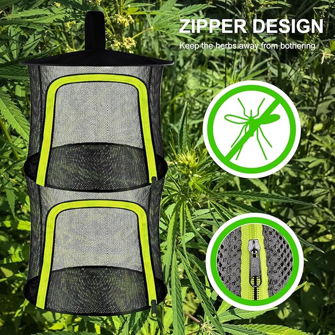 2 Layer Herb Drying Rack, Small Herb Drying Rack Hanging Mesh, Foldable Fish Drying Net with U-Shaped Zipper, Hooks, for Drying Herbs Plants, Flowers, Fruits, Food, Camping(2 Layers-11.81'') - Bloomnest
