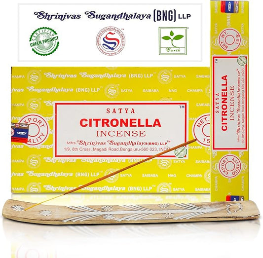 Satya Citronella Incense Sticks, Satya Bng Insenses 15gmx12 Pack with Raajsee Incense Holder Bundle, Satya Nagchampa Natural Incense - Bloomnest