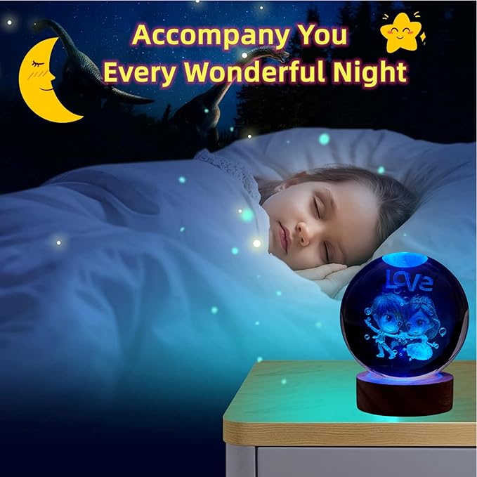 Love Crystal Ball lamp,3D 3.15 inch K9 Couple Night Light with Wooden Base,16 Colors Change with Remote Control,Sweetheart Crystal Gift for Girlfriend,Valentine's Day Christmas Gift (F) - Bloomnest