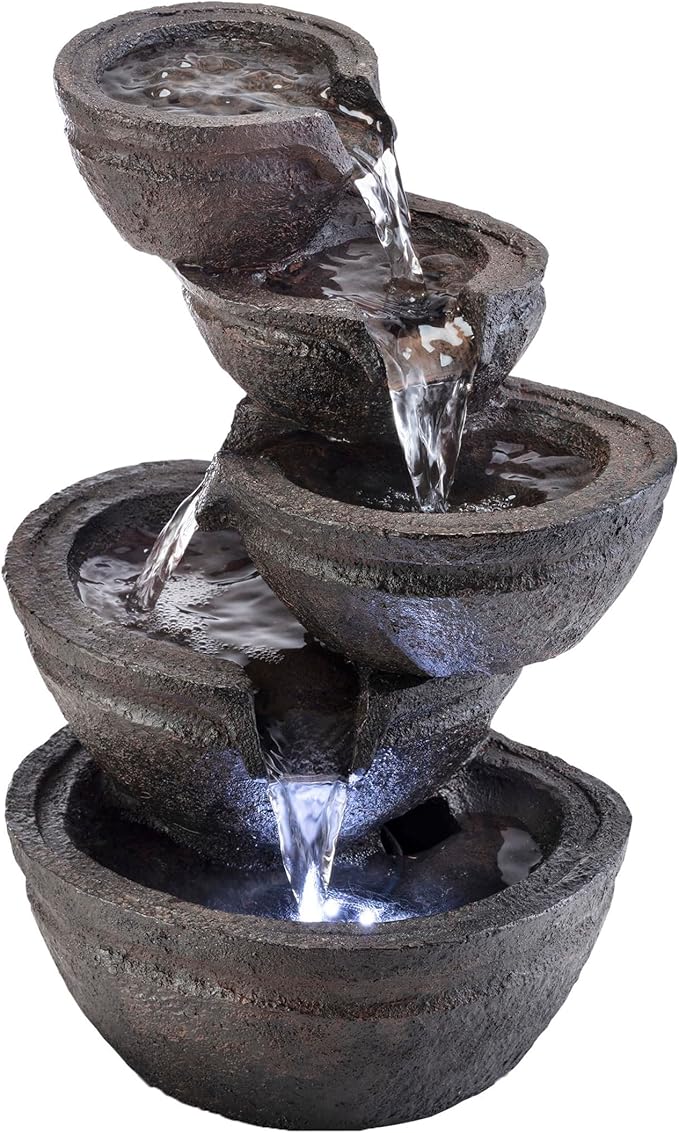 Alpine Corporation WIN1138 13" Indoor Tabletop Tiering Bowls Water Fountain with LED Lights – Cascading Water Feature for Home, Office, Meditation, and Relaxation, Dark Gray - Bloomnest