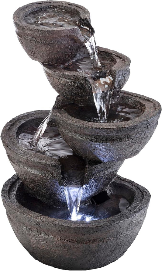 Alpine Corporation WIN1138 13" Indoor Tabletop Tiering Bowls Water Fountain with LED Lights – Cascading Water Feature for Home, Office, Meditation, and Relaxation, Dark Gray - Bloomnest