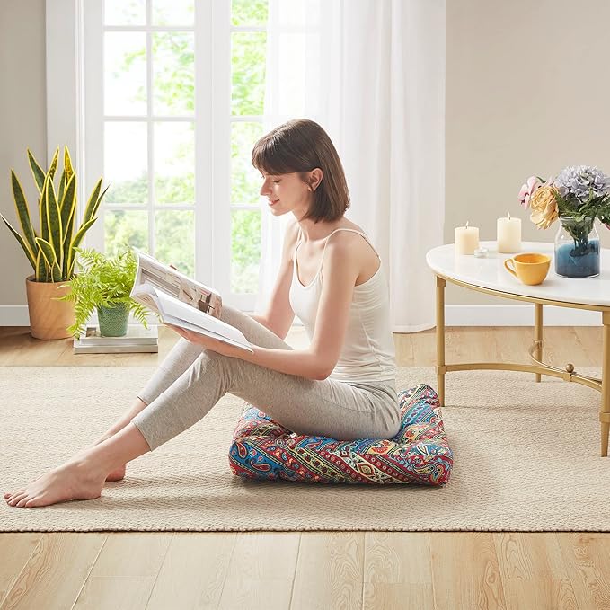 Codi Floor Pillow for Kids, Square Large Pillows Seating for Adults, Bohemian Big Cushions for Yoga Room Tatami Sitting, Memory Foam Added, 22x22 Inch, Multi Blaidiere, Set of 2 - Bloomnest